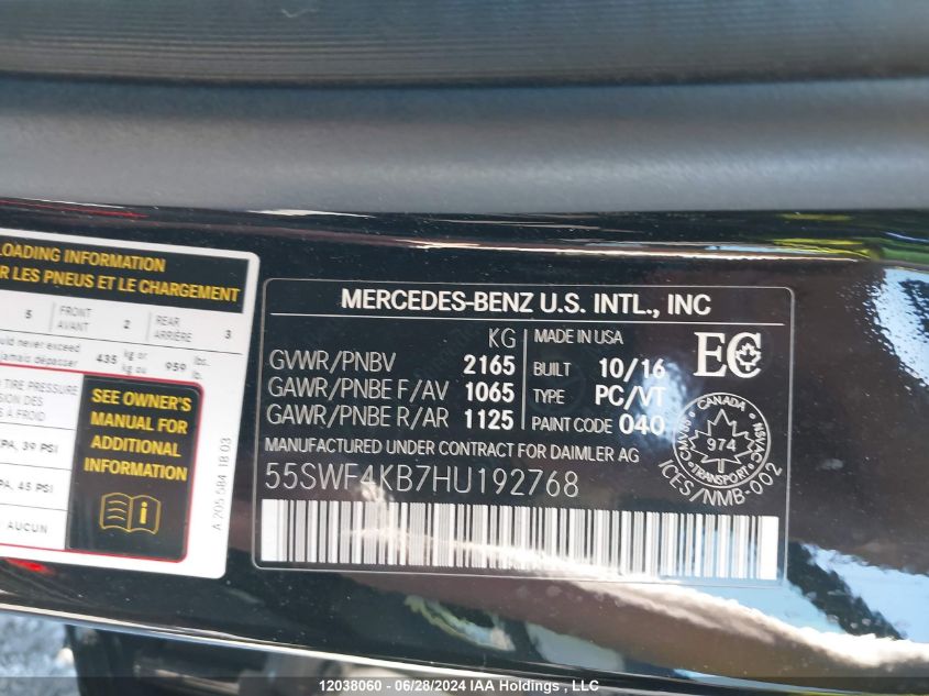 2017 Mercedes-Benz C 300 4Matic VIN: 55SWF4KB7HU192768 Lot: 12038060