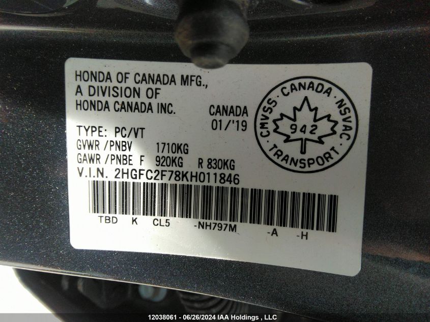 2019 Honda Civic Ex VIN: 2HGFC2F78KH011846 Lot: 12038061