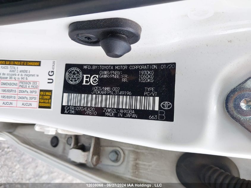 2020 Toyota Prius Prime Le/Xle/Limited VIN: JTDKARFP5L3149196 Lot: 12038068