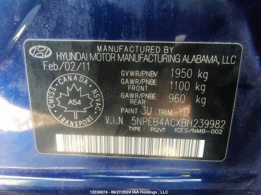2011 Hyundai Sonata Gls VIN: 5NPEB4ACXBH239982 Lot: 12038074