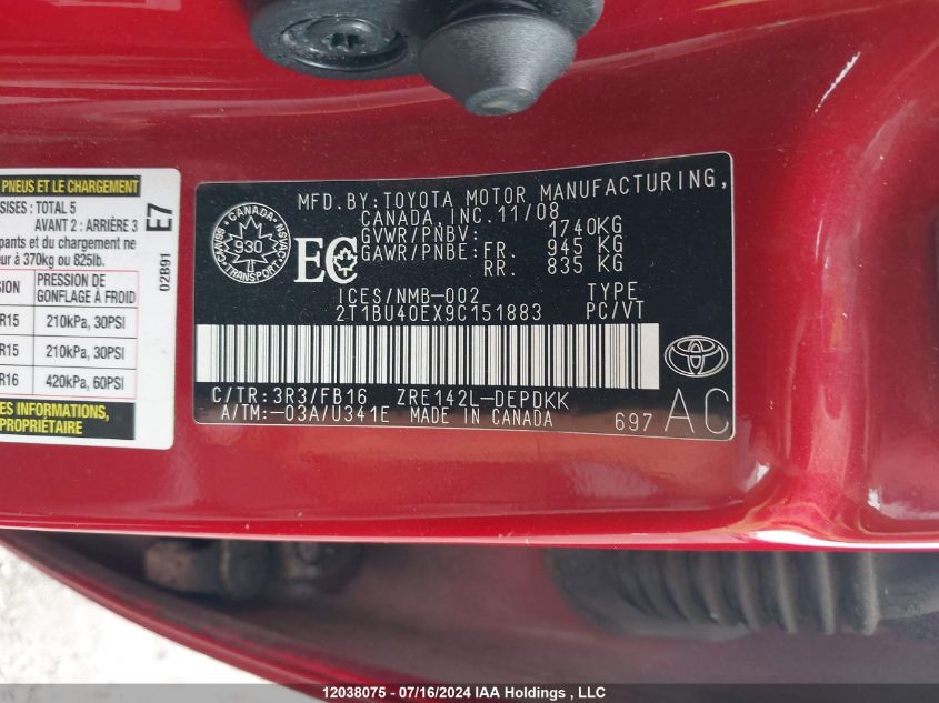 2009 Toyota Corolla S/Le/Xle VIN: 2T1BU40EX9C151883 Lot: 12038075