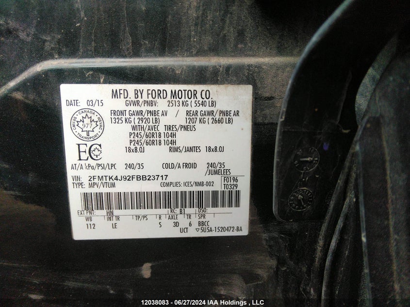 2015 Ford Edge Sel VIN: 2FMTK4J92FBB23717 Lot: 12038083