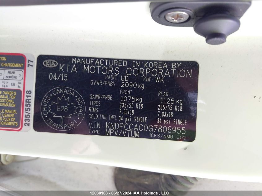 2016 Kia Sportage VIN: KNDPCCAC0G7806955 Lot: 12038103