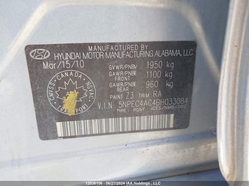 2011 Hyundai Sonata Limited VIN: 5NPEC4AC4BH033084 Lot: 12038106
