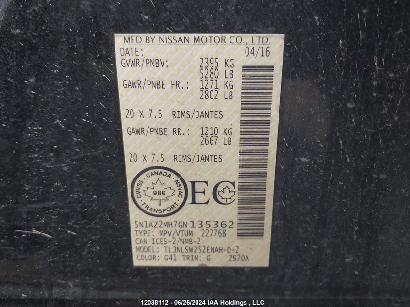 2016 Nissan Murano VIN: 5N1AZ2MH7GN135362 Lot: 12038112
