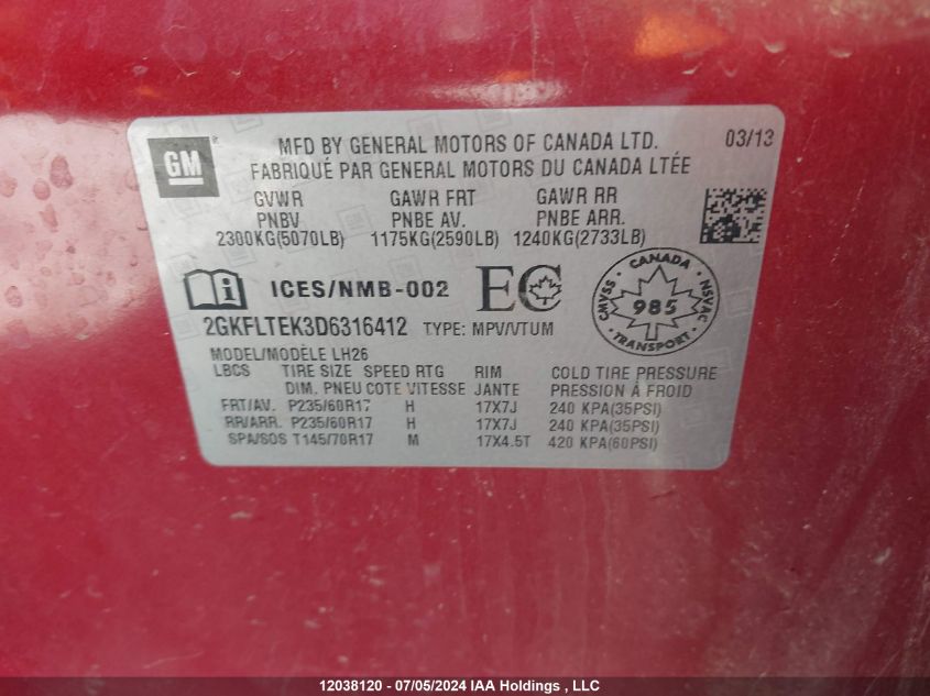 2013 GMC Terrain VIN: 2GKFLTEK3D6316412 Lot: 12038120