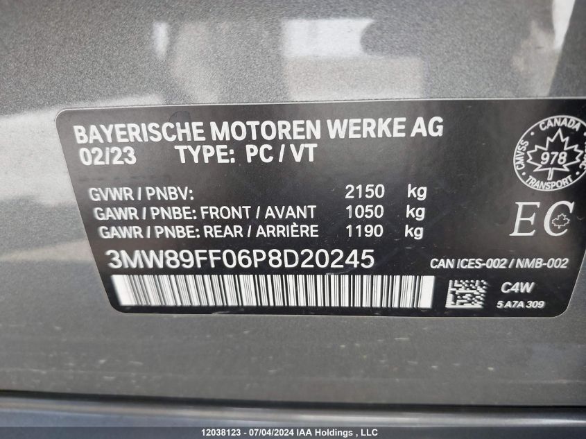 2023 BMW 3 Series VIN: 3MW89FF06P8D20245 Lot: 12038123