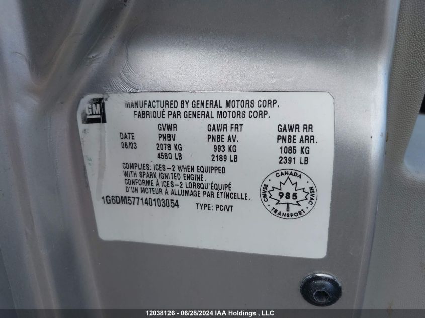 2004 Cadillac Cts VIN: 1G6DM577140103054 Lot: 12038126