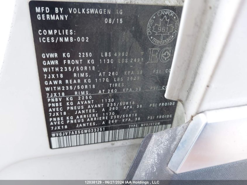 2016 Volkswagen Tiguan VIN: WVGJV7AX5GW033251 Lot: 12038129