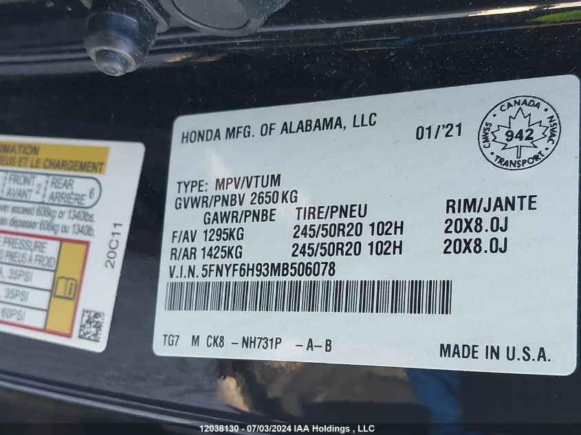 2021 Honda Pilot VIN: 5FNYF6H93MB506078 Lot: 12038130