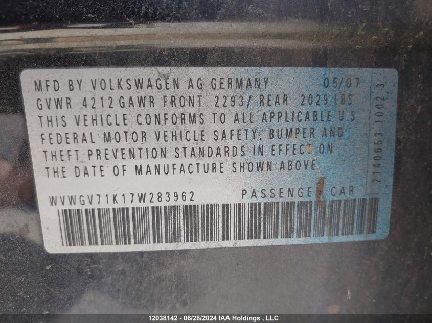 2007 Volkswagen Golf Gti VIN: WVWGV71K17W283962 Lot: 12038142