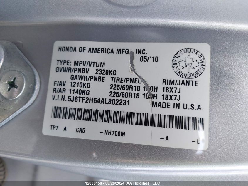 2010 Honda Accord Crosstour VIN: 5J6TF2H54AL802231 Lot: 12038150