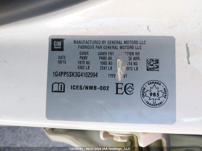 2016 Buick Verano VIN: 1G4PP5SK3G4102994 Lot: 12038151