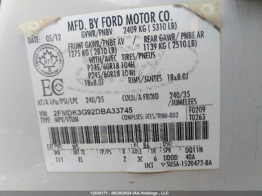 2013 Ford Edge Se VIN: 2FMDK3G92DBA33745 Lot: 12038171