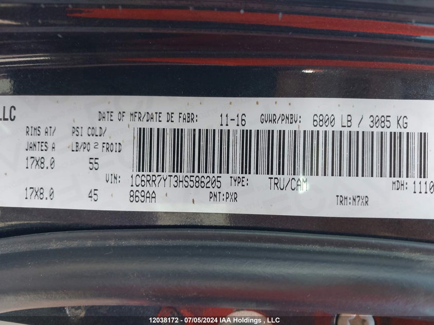 2017 Ram 1500 Rebel VIN: 1C6RR7YT3HS586205 Lot: 12038172