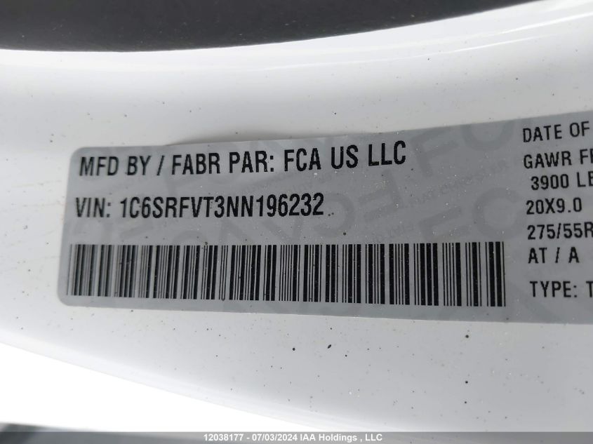 2022 Ram 1500 Sport VIN: 1C6SRFVT3NN196232 Lot: 12038177