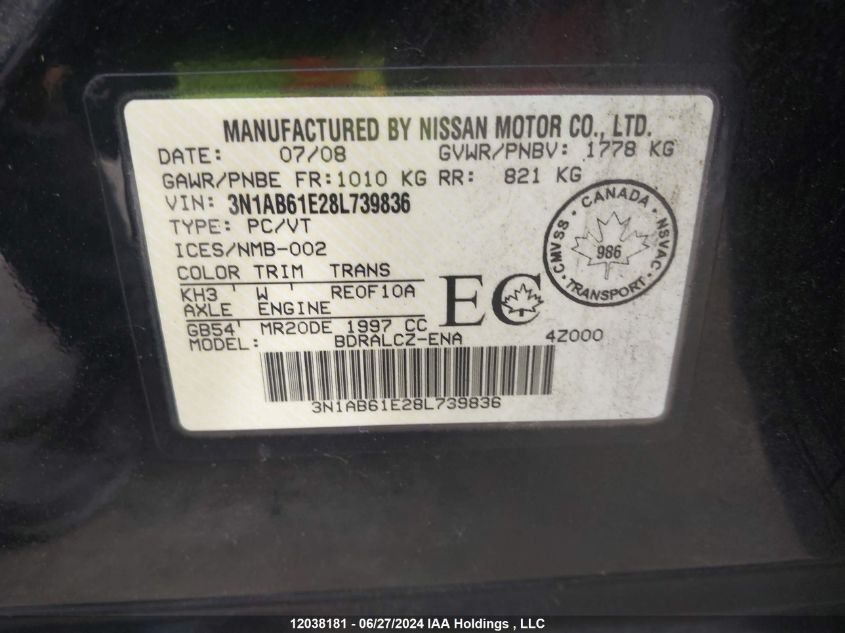 2008 Nissan Sentra 2.0/2.0S/2.0Sl VIN: 3N1AB61E28L739836 Lot: 12038181