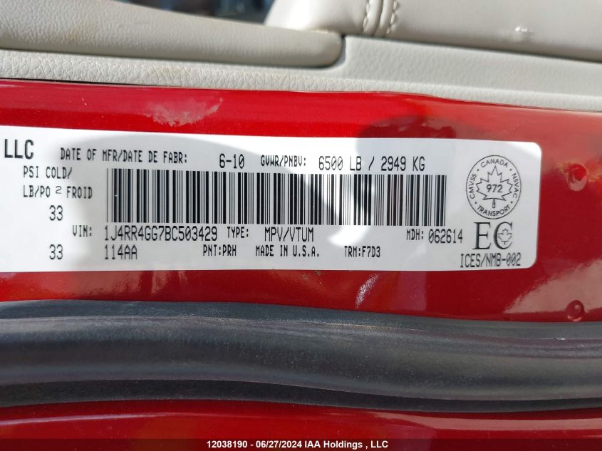 2011 Jeep Grand Cherokee Laredo VIN: 1J4RR4GG7BC503429 Lot: 12038190