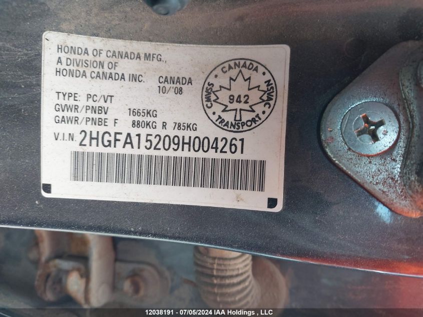 2009 Honda Civic Sdn VIN: 2HGFA15209H004261 Lot: 12038191