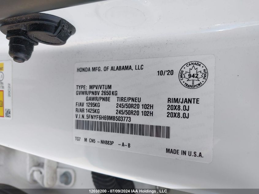 2021 Honda Pilot VIN: 5FNYF6H69MB503773 Lot: 12038200