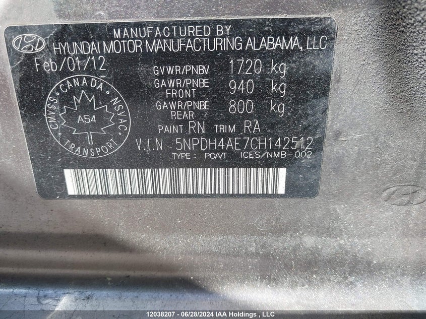 2012 Hyundai Elantra Gls/Limited VIN: 5NPDH4AE7CH142512 Lot: 12038207