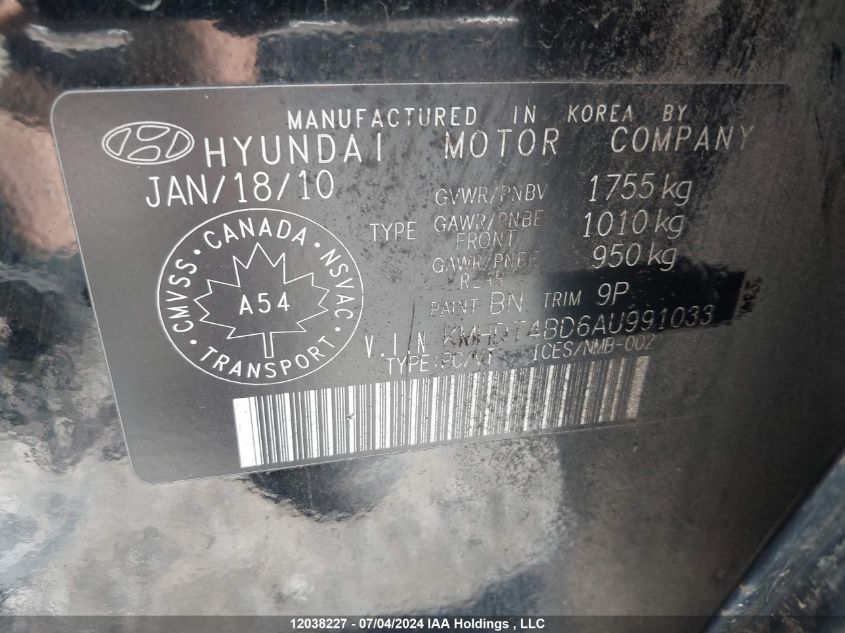 2010 Hyundai Elantra VIN: KMHDT4BD6AU991033 Lot: 12038227