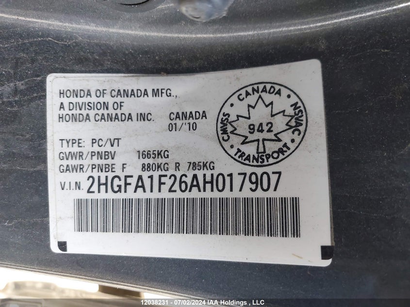 2010 Honda Civic VIN: 2HGFA1F26AH017907 Lot: 12038231