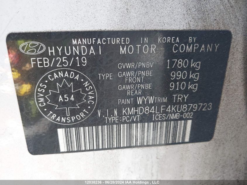 2019 Hyundai Elantra VIN: KMHD84LF4KU879723 Lot: 12038236