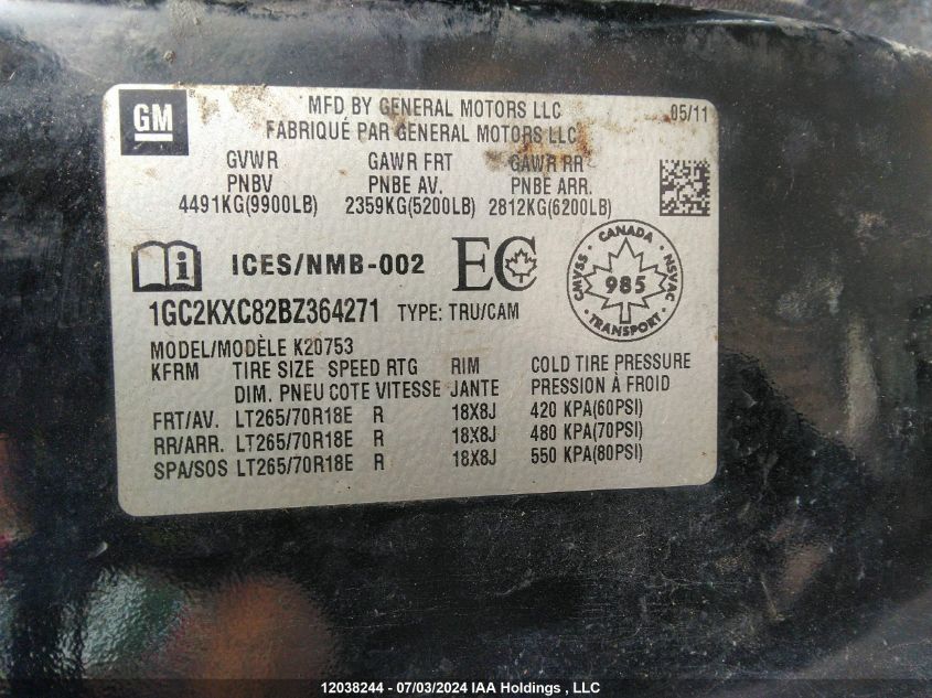 2011 Chevrolet Silverado 2500Hd VIN: 1GC2KXC82BZ364271 Lot: 12038244