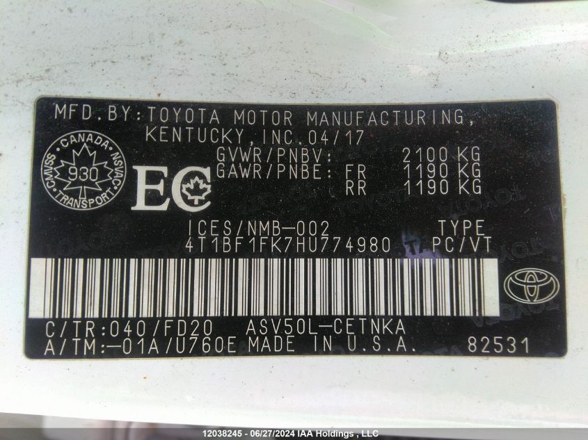 4T1BF1FK7HU774980 2017 Toyota Camry Le/Xle/Se/Xse