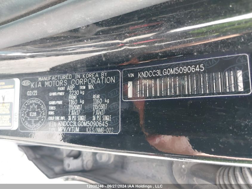 2021 Kia Niro Ev VIN: KNDCC3LG0M5090645 Lot: 12038246