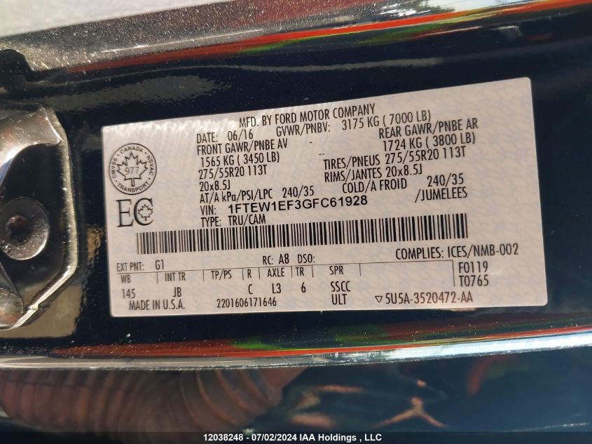 2016 Ford F-150 Xlt VIN: 1FTEW1EF3GFC61928 Lot: 12038248