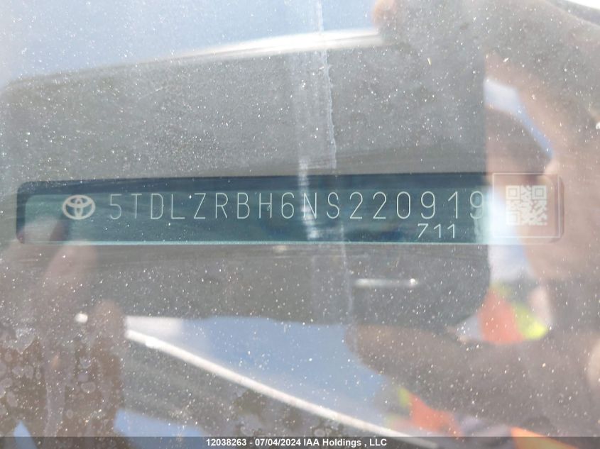 2022 Toyota Highlander Xse VIN: 5TDLZRBH6NS220919 Lot: 12038263