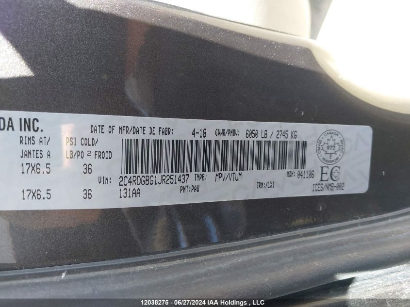 2018 Dodge Grand Caravan Se VIN: 2C4RDGBG1JR251437 Lot: 12038275