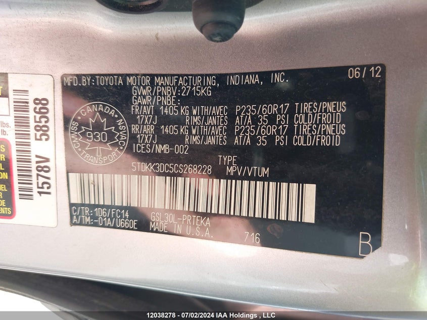 2012 Toyota Sienna VIN: 5TDKK3DC5CS268228 Lot: 12038278