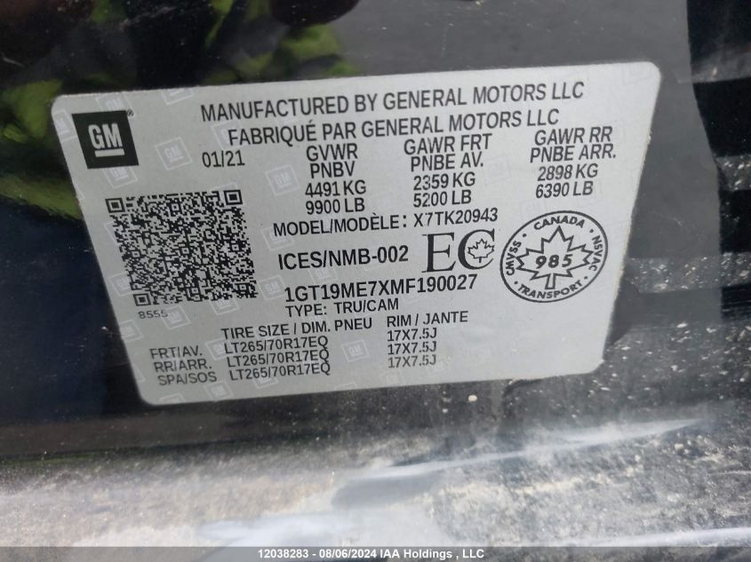 2021 GMC Sierra 2500Hd VIN: 1GT19ME7XMF190027 Lot: 12038283