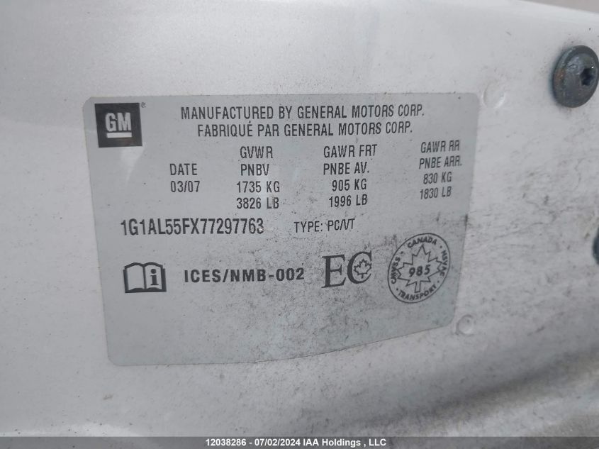 2007 Chevrolet Cobalt VIN: 1G1AL55FX77297763 Lot: 12038286