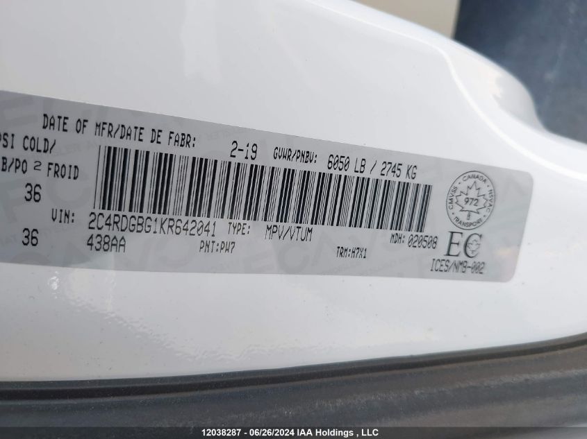 2019 Dodge Grand Caravan Se VIN: 2C4RDGBG1KR642041 Lot: 12038287