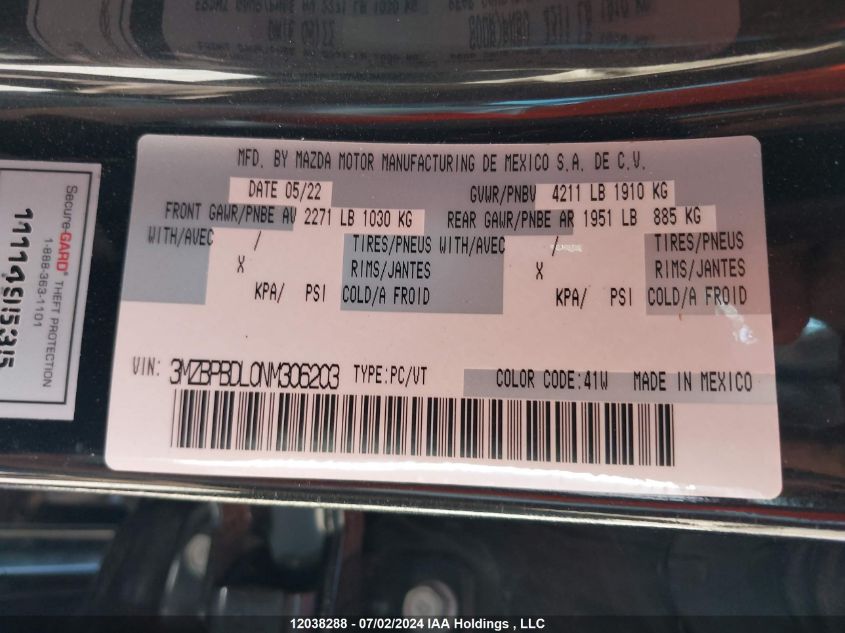 2022 Mazda Mazda3 VIN: 3MZBPBDL0NM306203 Lot: 12038288