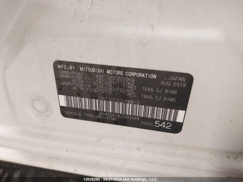 2020 Mitsubishi Outlander Es VIN: JA4AZ2A39LZ602548 Lot: 12038290