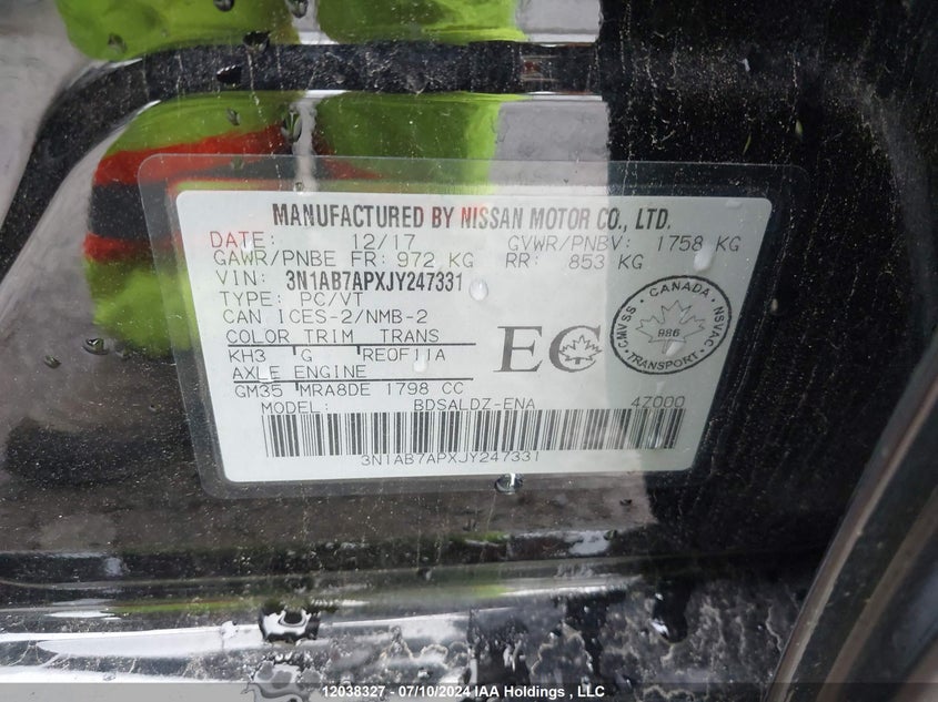 2018 Nissan Sentra VIN: 3N1AB7APXJY247331 Lot: 12038327