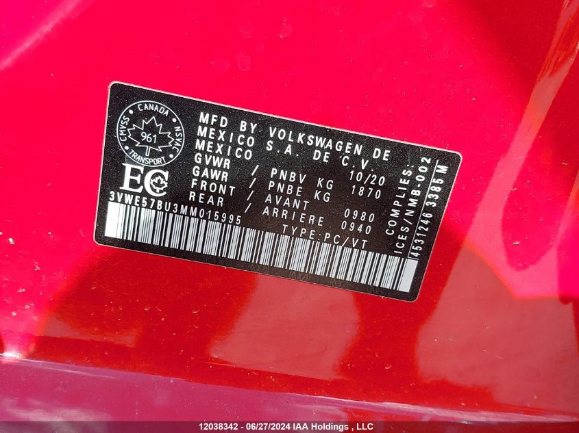 2021 Volkswagen Jetta VIN: 3VWE57BU3MM015995 Lot: 12038342