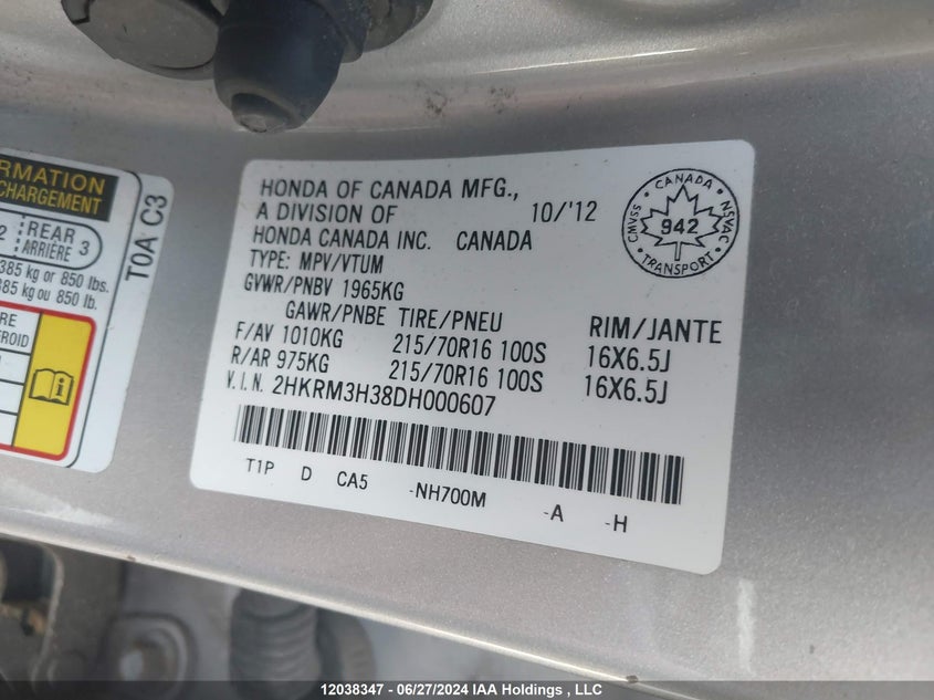 2013 Honda Cr-V VIN: 2HKRM3H38DH000607 Lot: 12038347