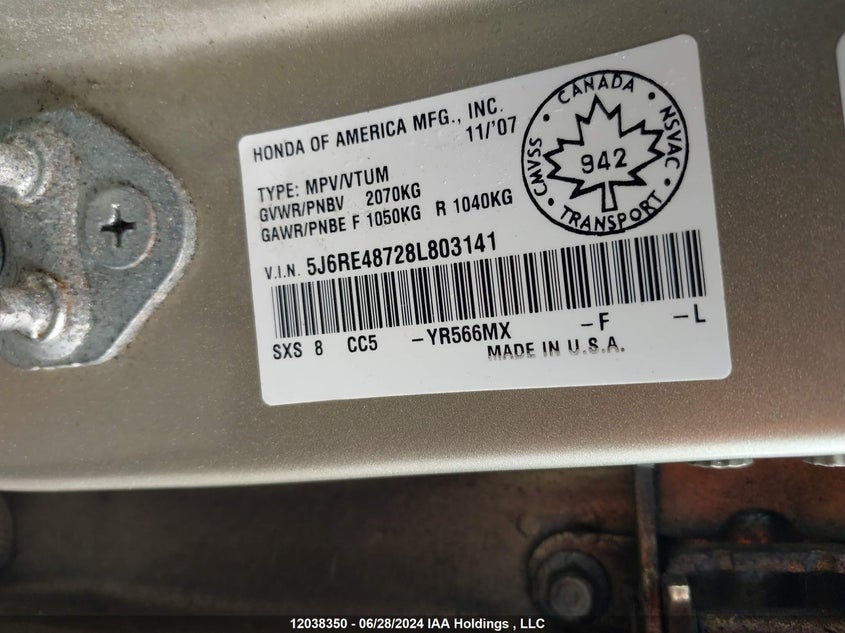 2008 Honda Cr-V Exl VIN: 5J6RE48728L803141 Lot: 12038350