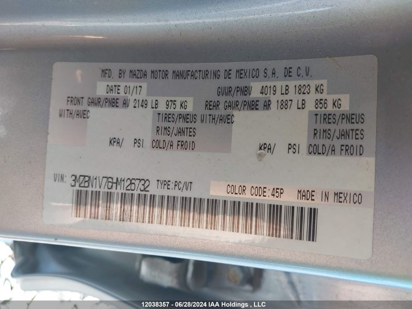 2017 Mazda Mazda3 VIN: 3MZBN1V76HM126732 Lot: 12038357