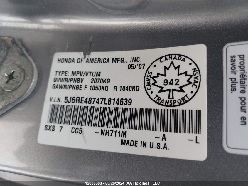 2007 Honda Cr-V VIN: 5J6RE48747L814639 Lot: 12038383