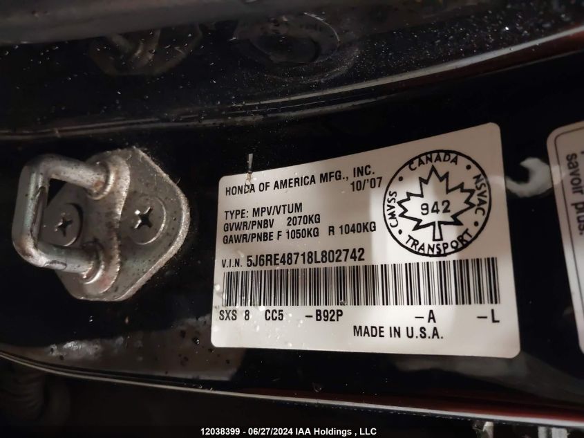 2008 Honda Cr-V VIN: 5J6RE48718L802742 Lot: 12038399