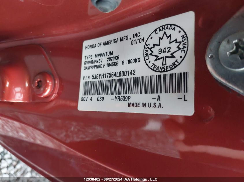 2004 Honda Element VIN: 5J6YH17564L800142 Lot: 12038402