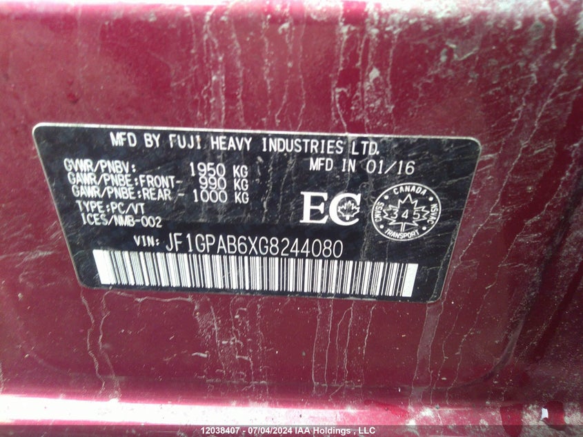 2016 Subaru Impreza VIN: JF1GPAB6XG8244080 Lot: 12038407