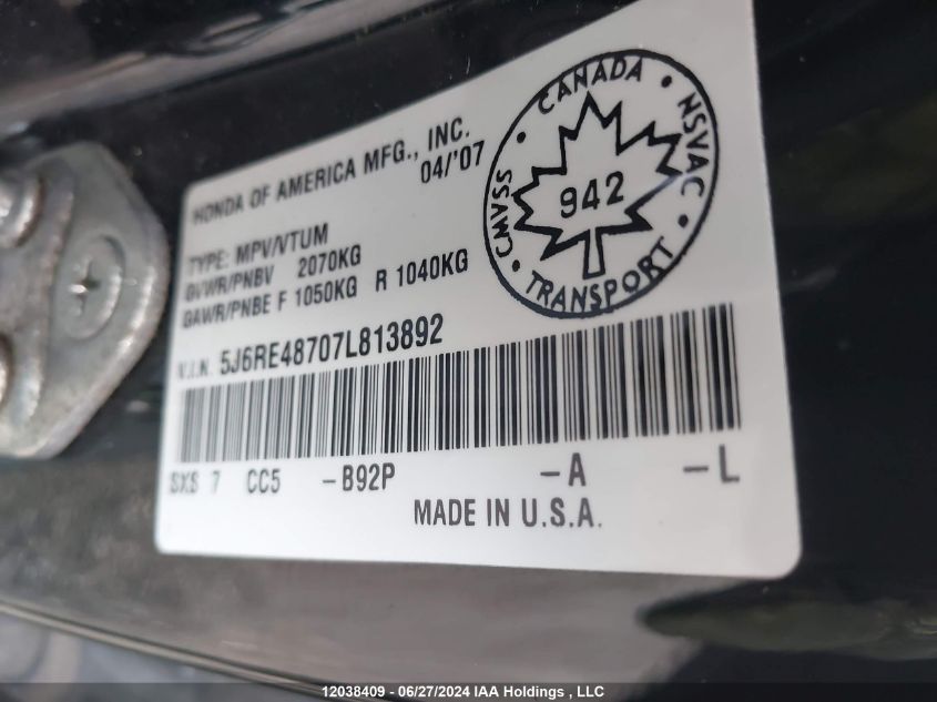 2007 Honda Cr-V VIN: 5J6RE48707L813892 Lot: 12038409
